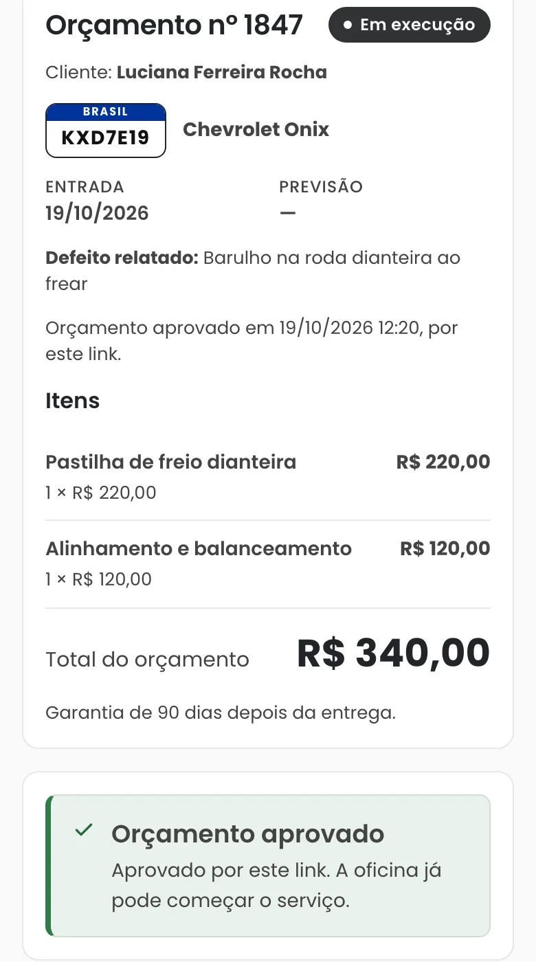 Página do orçamento do Onix aberta pelo cliente: pastilha de freio e alinhamento, total de R$ 340,00 e o aviso Orçamento aprovado