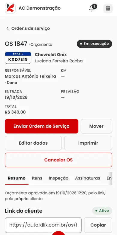 OS 1847 do Chevrolet Onix placa KXD7E19 no Kllix Auto, em execução, com o orçamento aprovado pelo cliente pelo link